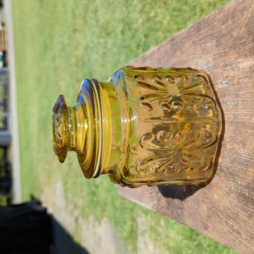 Vintage 1970s L. E. Smith Carnival Amber gold glass Atterbury Scrolls glass Jar
